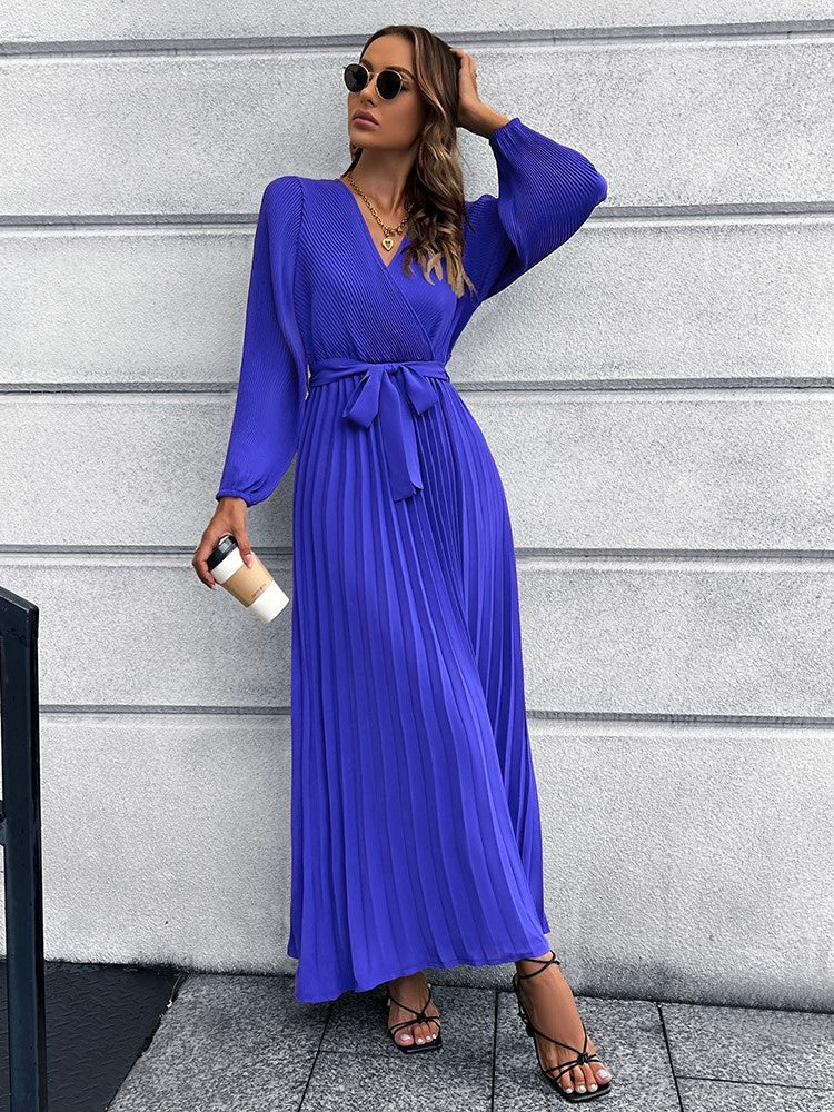 V-Neck Tie Waist Pleated Maxi Dress BLUE ZONE PLANET