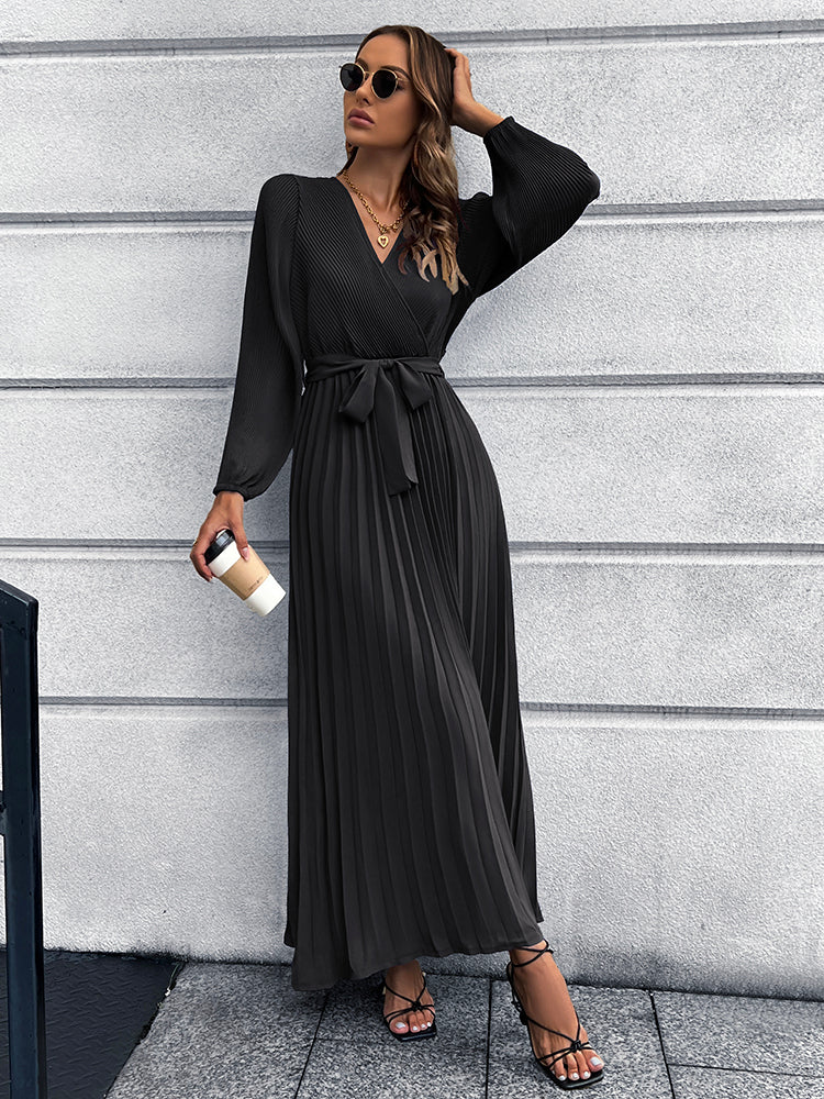 V-Neck Tie Waist Pleated Maxi Dress BLUE ZONE PLANET