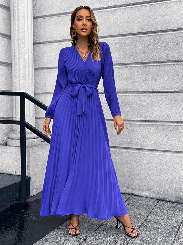 V-Neck Tie Waist Pleated Maxi Dress BLUE ZONE PLANET