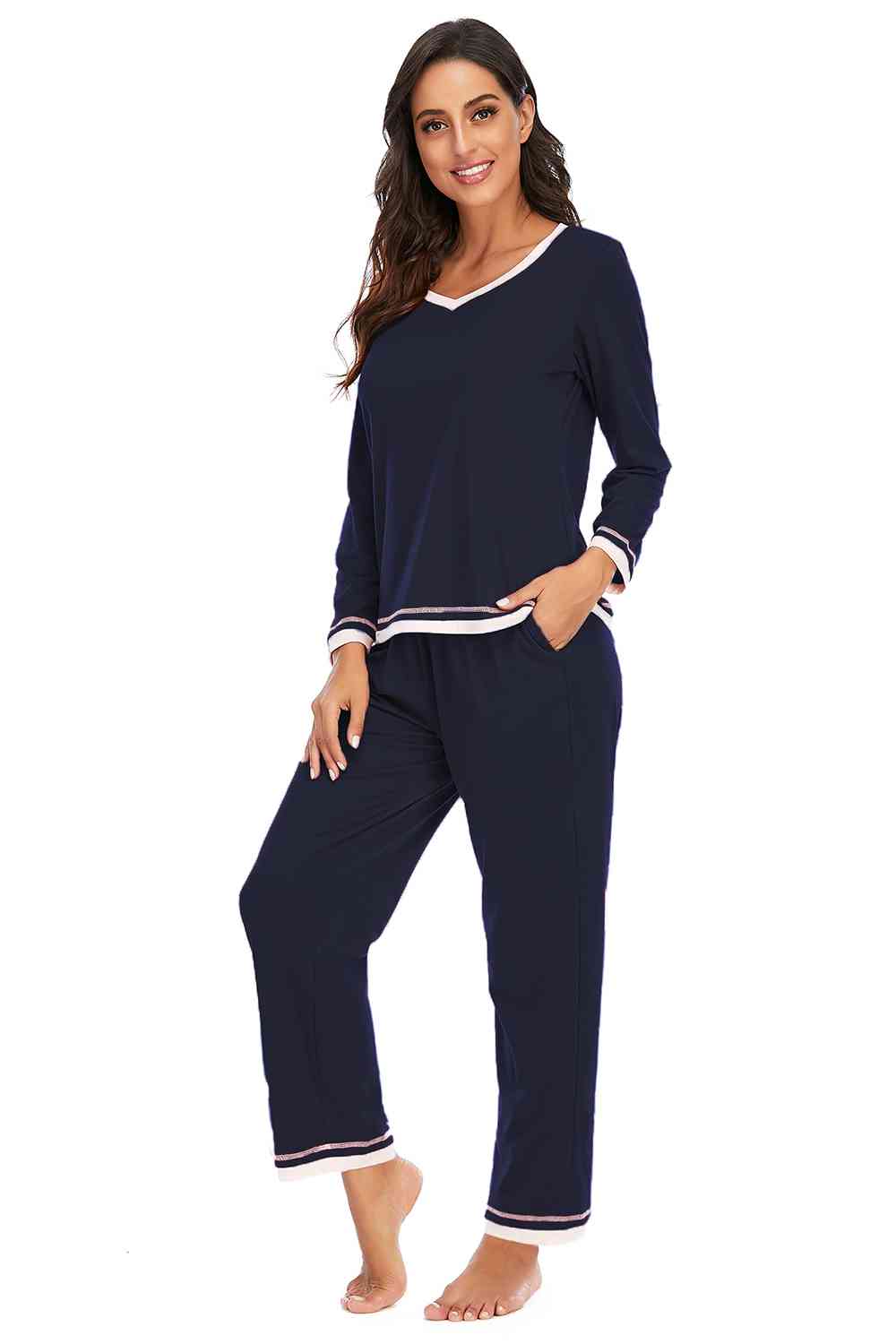 V-Neck Top and Pants Lounge Set BLUE ZONE PLANET