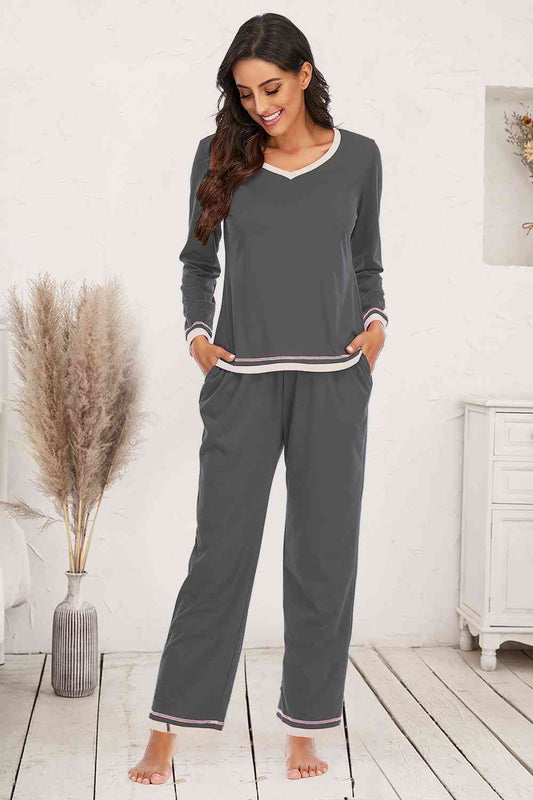 V-Neck Top and Pants Lounge Set BLUE ZONE PLANET