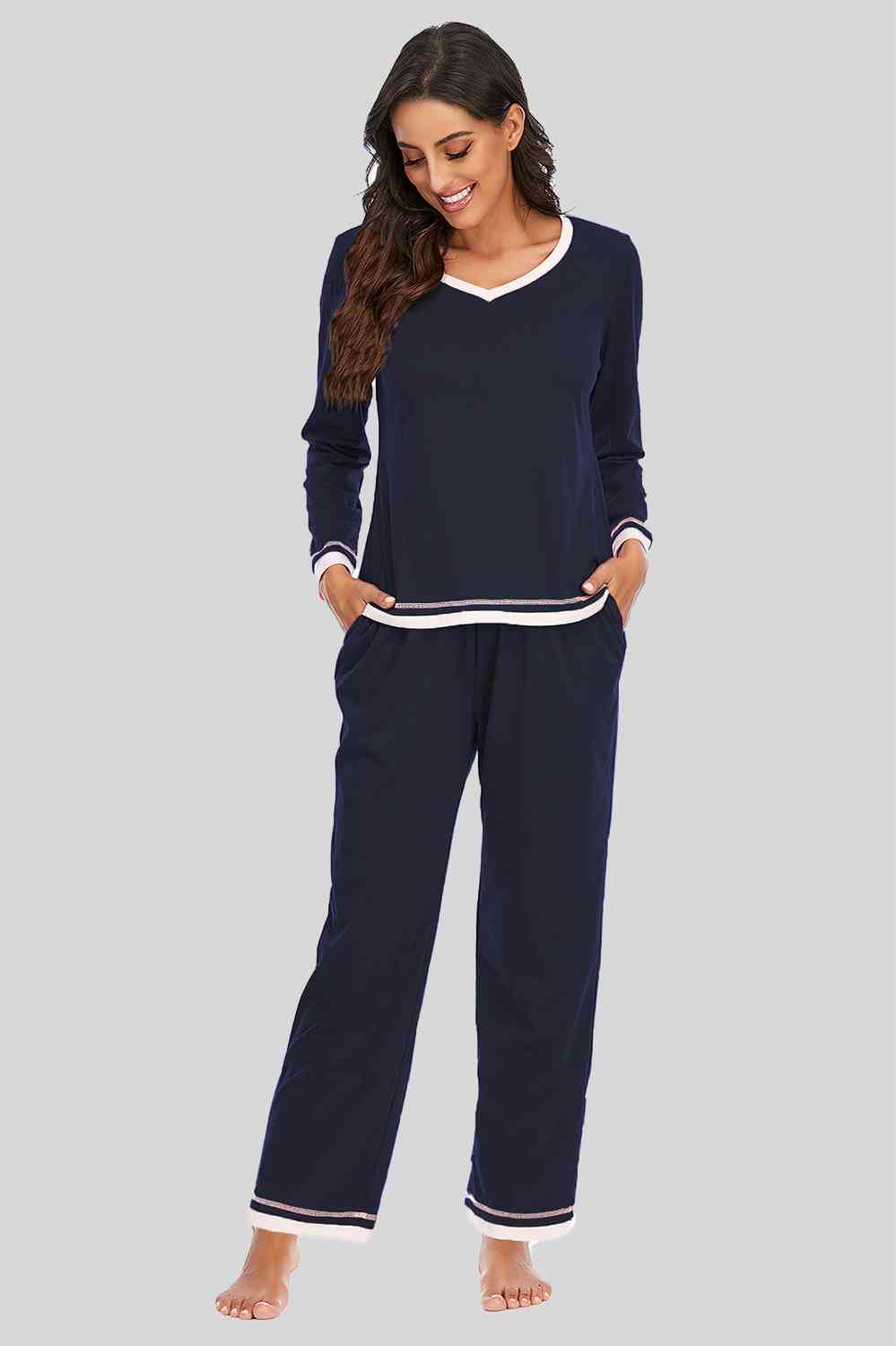 V-Neck Top and Pants Lounge Set BLUE ZONE PLANET