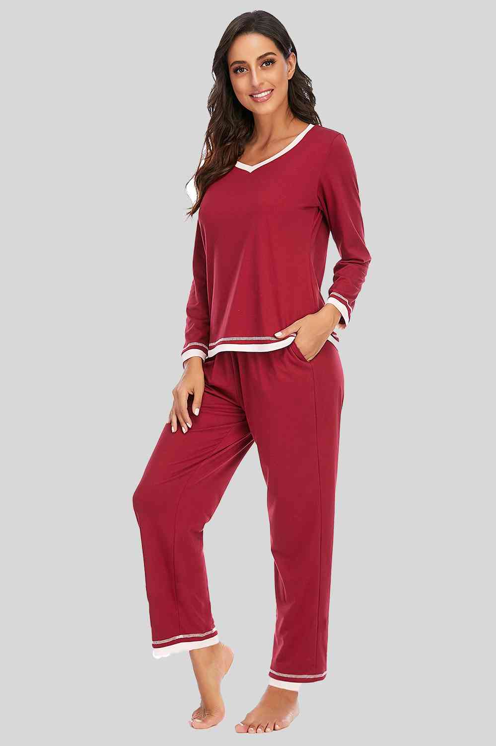 V-Neck Top and Pants Lounge Set BLUE ZONE PLANET