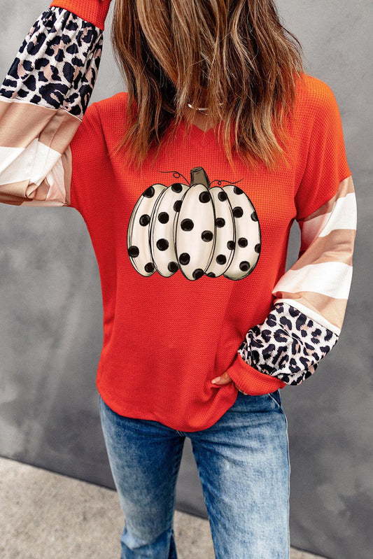 V-Neck Waffle-knit Pumpkin Graphic leopard Tee BLUE ZONE PLANET
