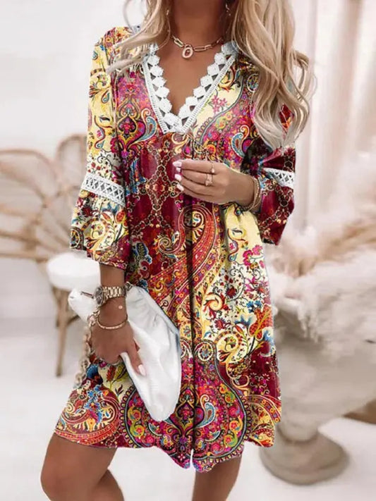 V-neck printed lace paneled bohemian dress kakaclo