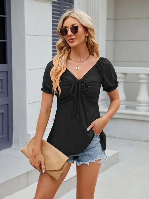 V-neck solid color drawstring pleated short-sleeved T-shirt kakaclo