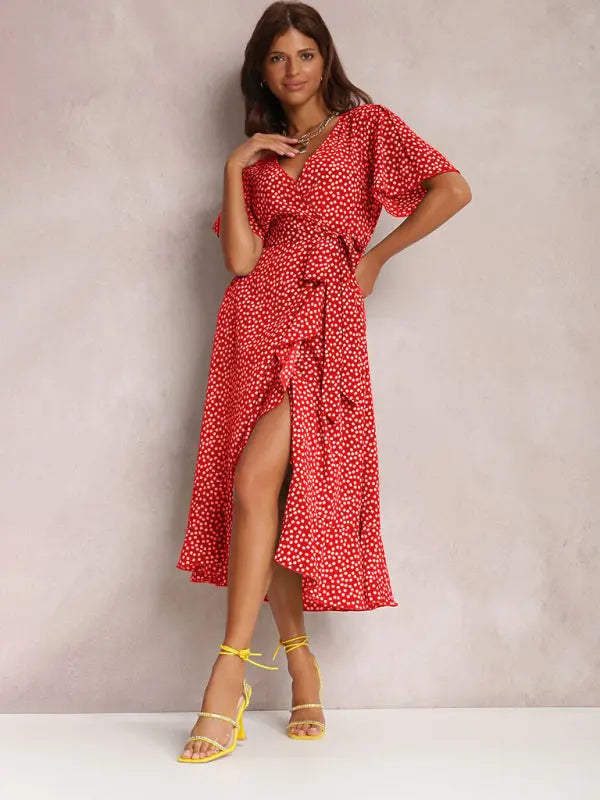 V-neck tie-print polka-dot short-sleeved dress kakaclo