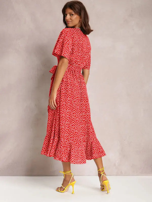 V-neck tie-print polka-dot short-sleeved dress kakaclo