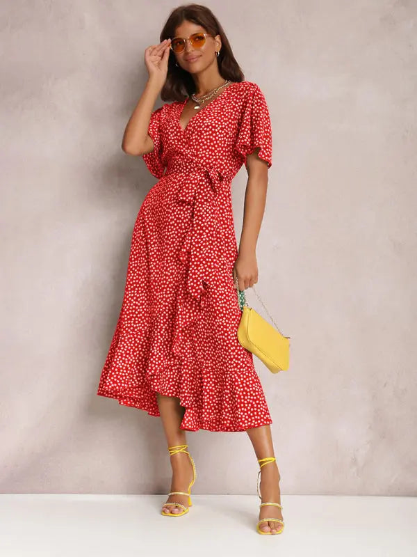 V-neck tie-print polka-dot short-sleeved dress kakaclo