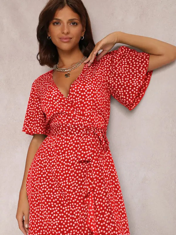 V-neck tie-print polka-dot short-sleeved dress kakaclo