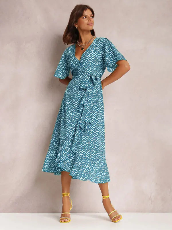 V-neck tie-print polka-dot short-sleeved dress kakaclo