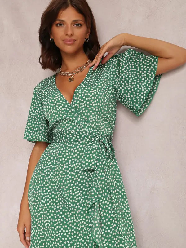 V-neck tie-print polka-dot short-sleeved dress kakaclo