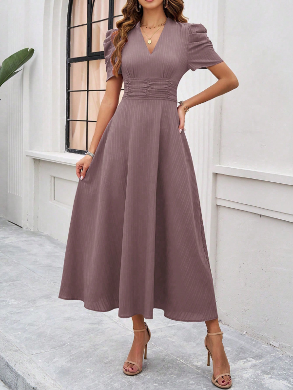 Women's elegant solid color waist dress-[Adult]-[Female]-Brown-S-2022 Online Blue Zone Planet