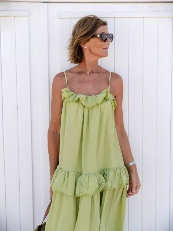 Blue Zone Planet | holiday style ruffled long dress with long swing and elegant beach dress-TOPS / DRESSES-[Adult]-[Female]-Pale green-S-2022 Online Blue Zone Planet