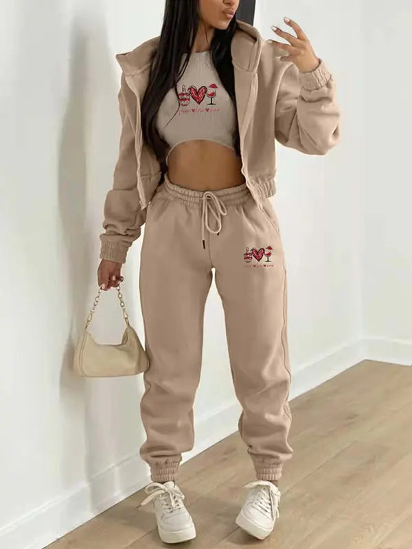 Valentine's Day Christmas love wine glass printed hooded sports and leisure suit (three-piece set) kakaclo