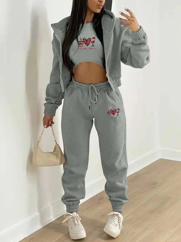 Valentine's Day Christmas love wine glass printed hooded sports and leisure suit (three-piece set) kakaclo