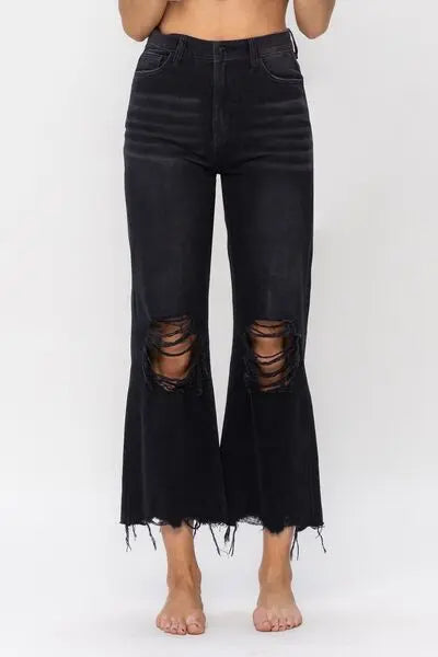 Vervet by Flying Monkey Vintage Ultra High Waist Distressed Crop Flare Jeans BLUE ZONE PLANET