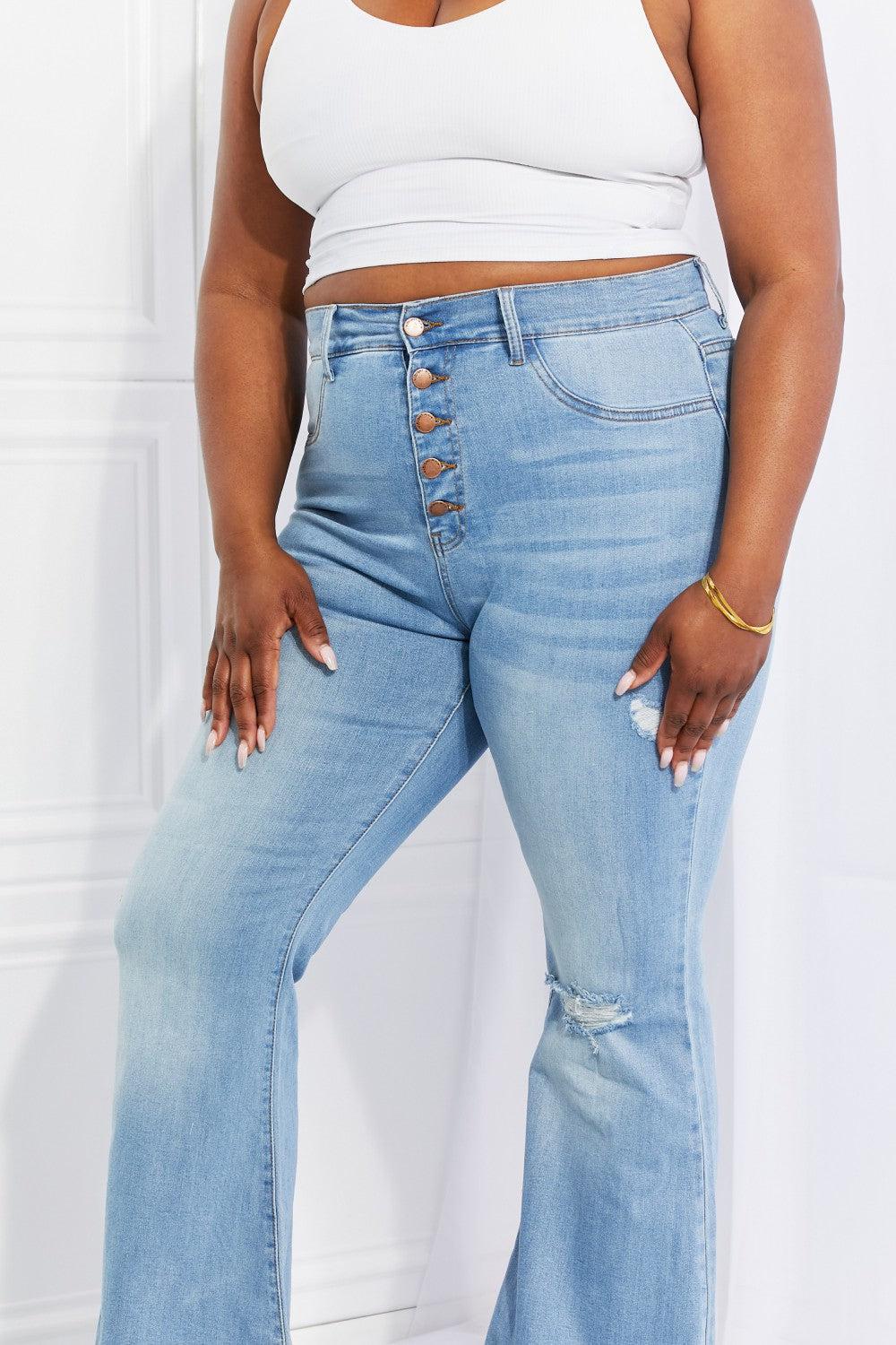 Vibrant MIU Full Size Jess Button Flare Jeans BLUE ZONE PLANET