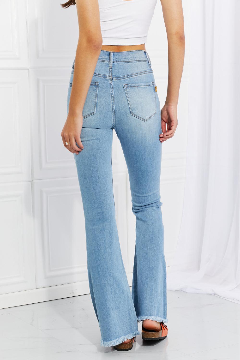 Vibrant MIU Full Size Jess Button Flare Jeans BLUE ZONE PLANET
