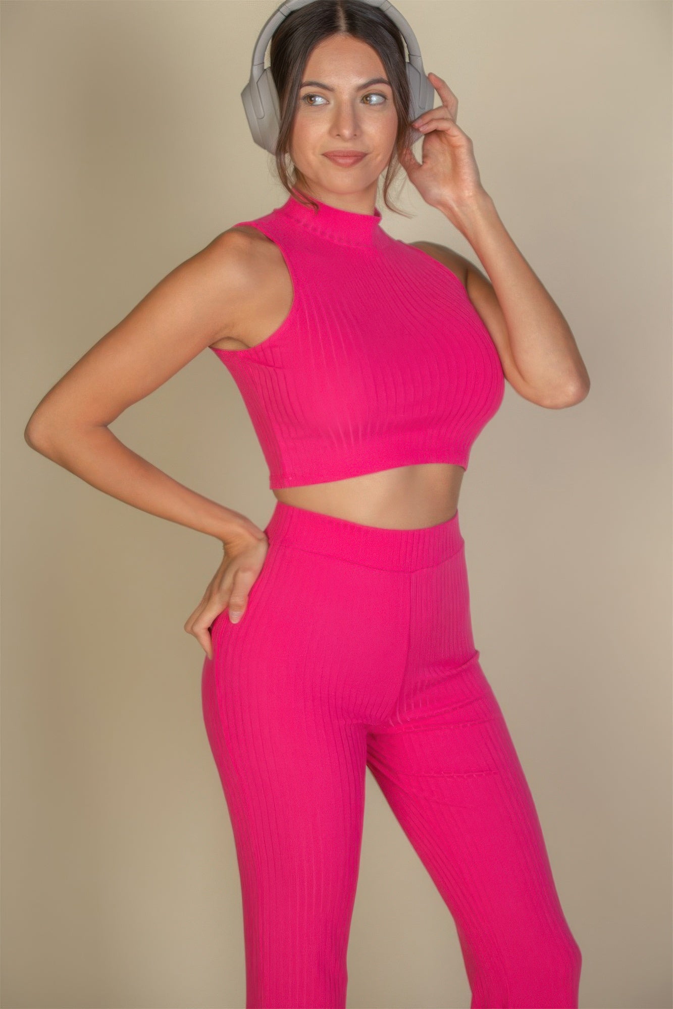 Ribbed Mock Neck Crop Tank Top & Bootcut Pants Set-[Adult]-[Female]-2022 Online Blue Zone Planet