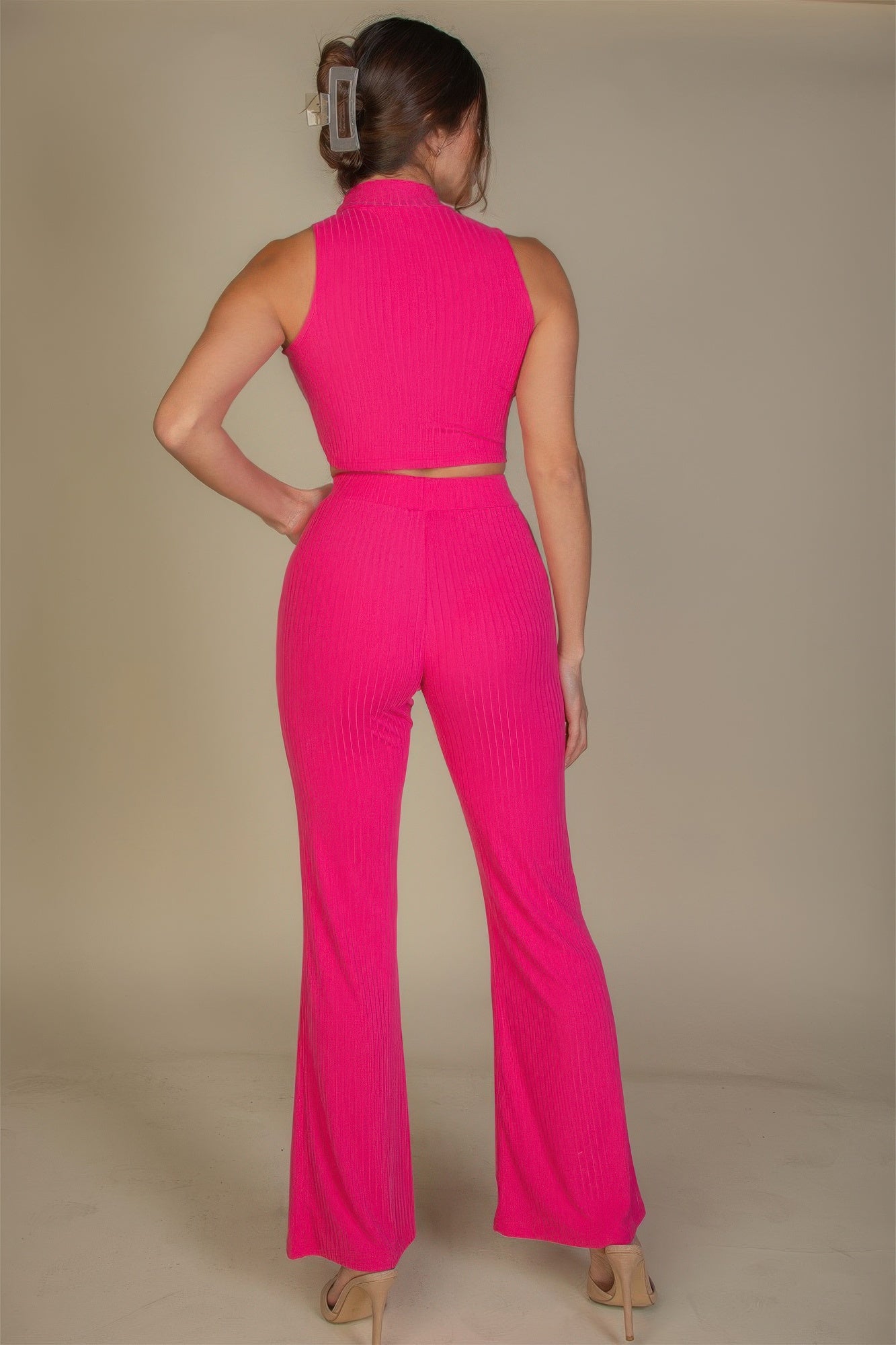 Ribbed Mock Neck Crop Tank Top & Bootcut Pants Set-[Adult]-[Female]-2022 Online Blue Zone Planet