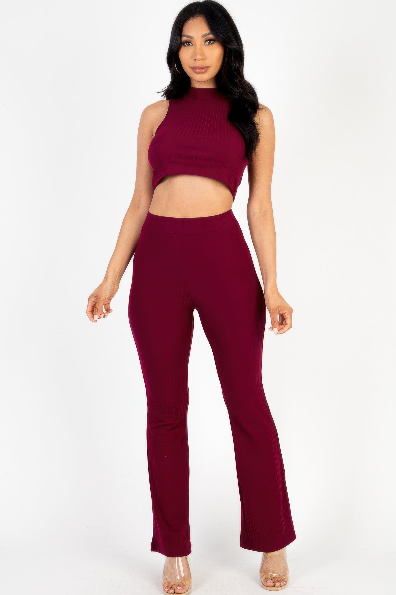 Ribbed Mock Neck Crop Tank Top & Bootcut Pants Set-[Adult]-[Female]-Burgundy-S-2022 Online Blue Zone Planet