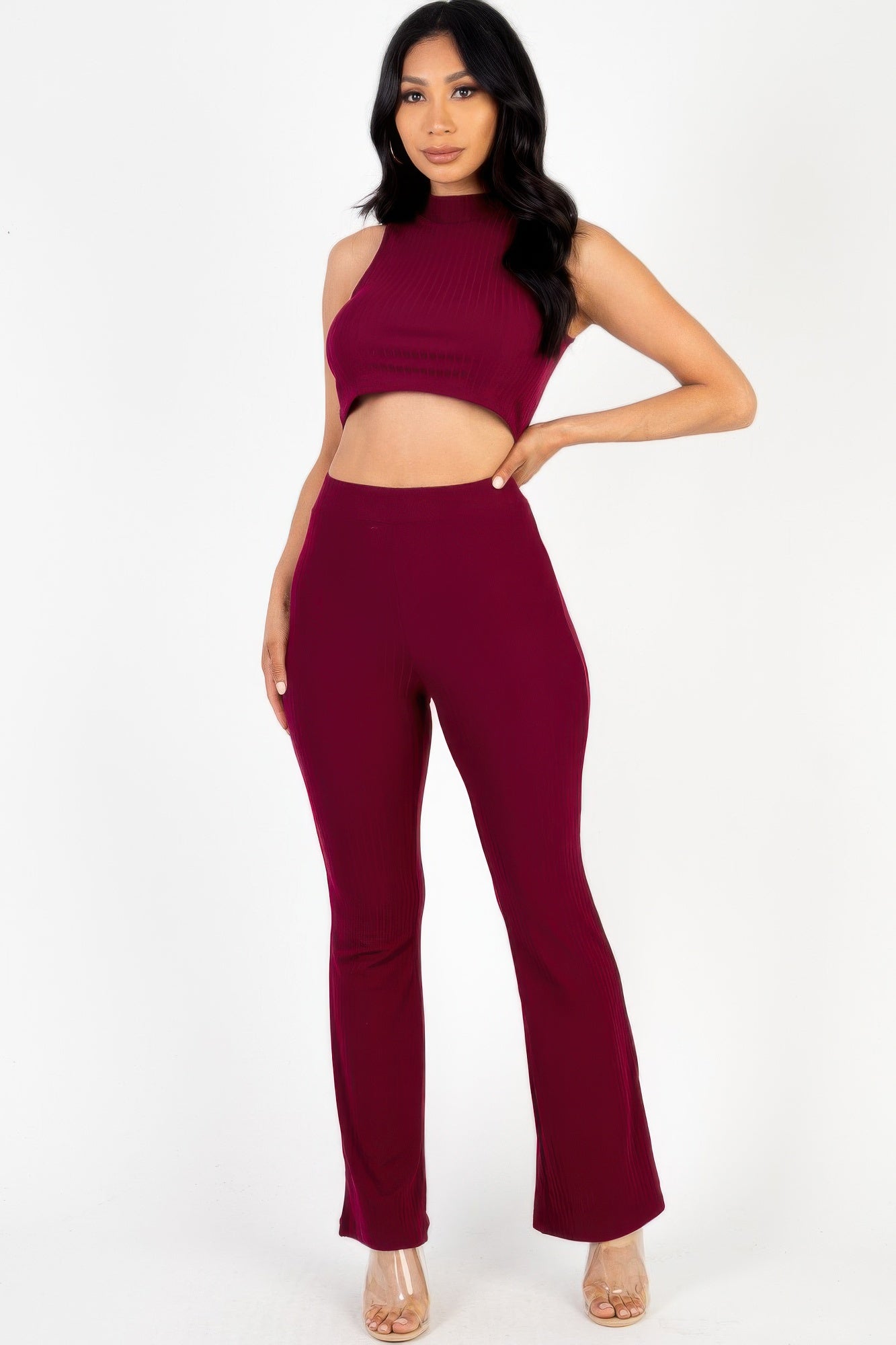Ribbed Mock Neck Crop Tank Top & Bootcut Pants Set-[Adult]-[Female]-2022 Online Blue Zone Planet