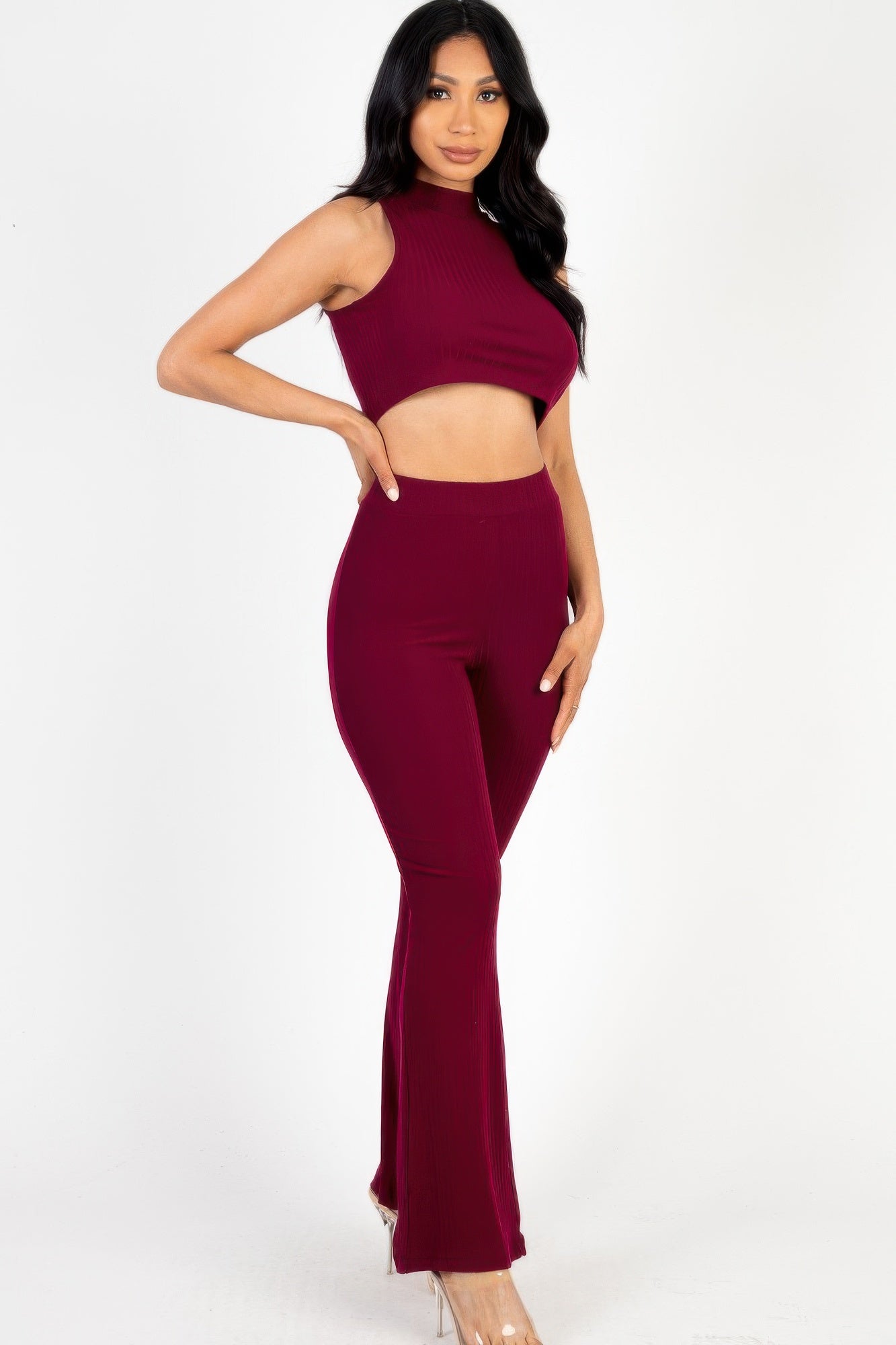 Ribbed Mock Neck Crop Tank Top & Bootcut Pants Set-[Adult]-[Female]-2022 Online Blue Zone Planet