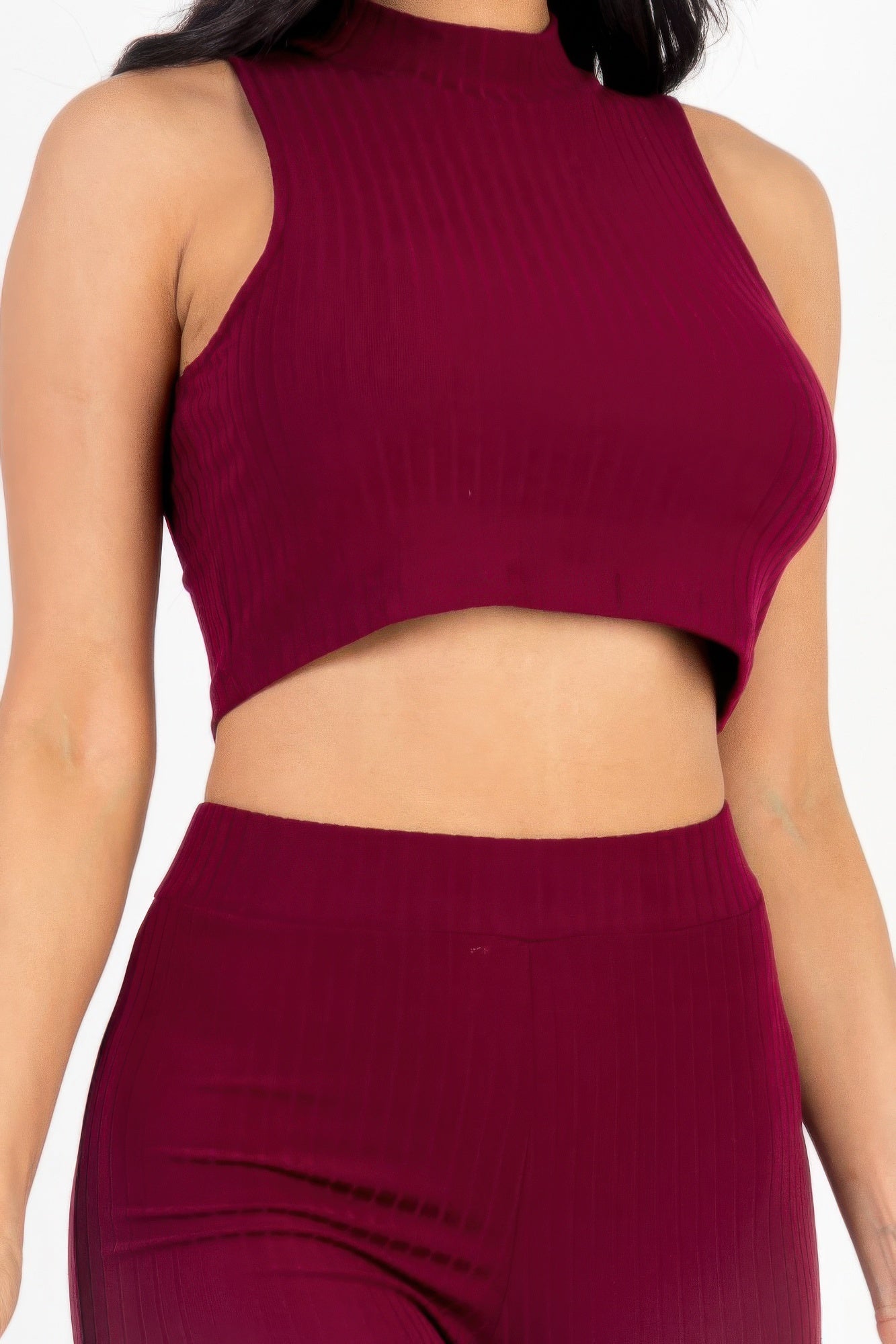Ribbed Mock Neck Crop Tank Top & Bootcut Pants Set-[Adult]-[Female]-2022 Online Blue Zone Planet