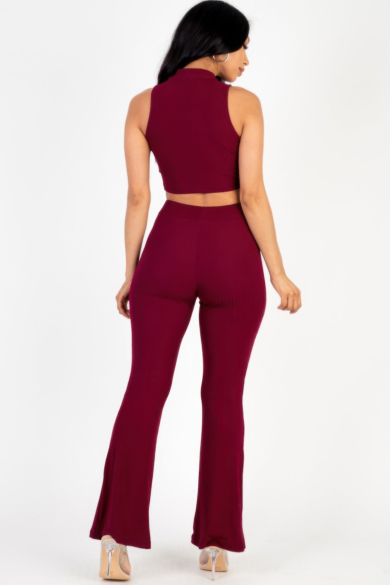 Ribbed Mock Neck Crop Tank Top & Bootcut Pants Set-[Adult]-[Female]-2022 Online Blue Zone Planet