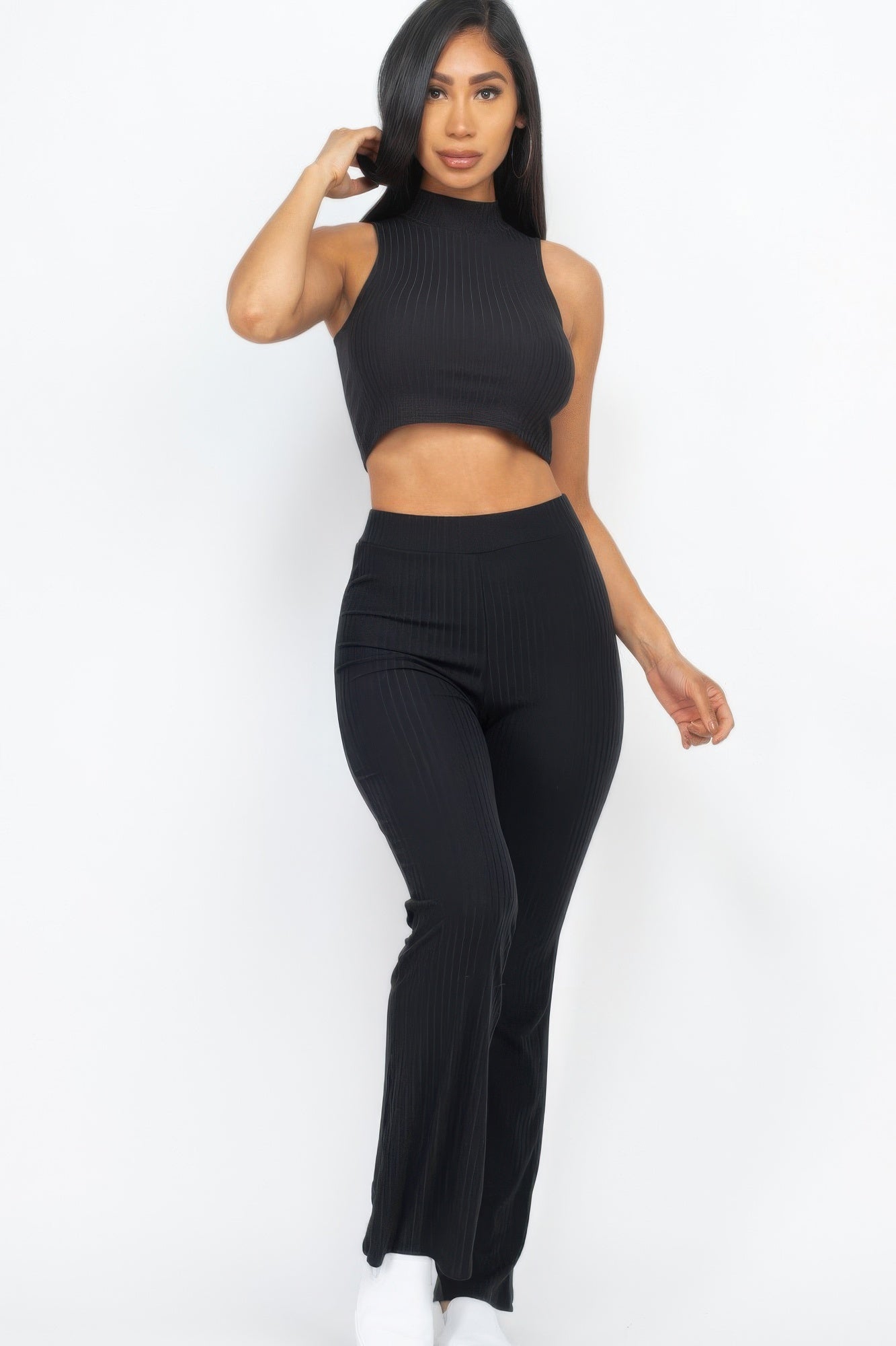 Ribbed Mock Neck Crop Tank Top & Bootcut Pants Set-[Adult]-[Female]-Black-S-2022 Online Blue Zone Planet