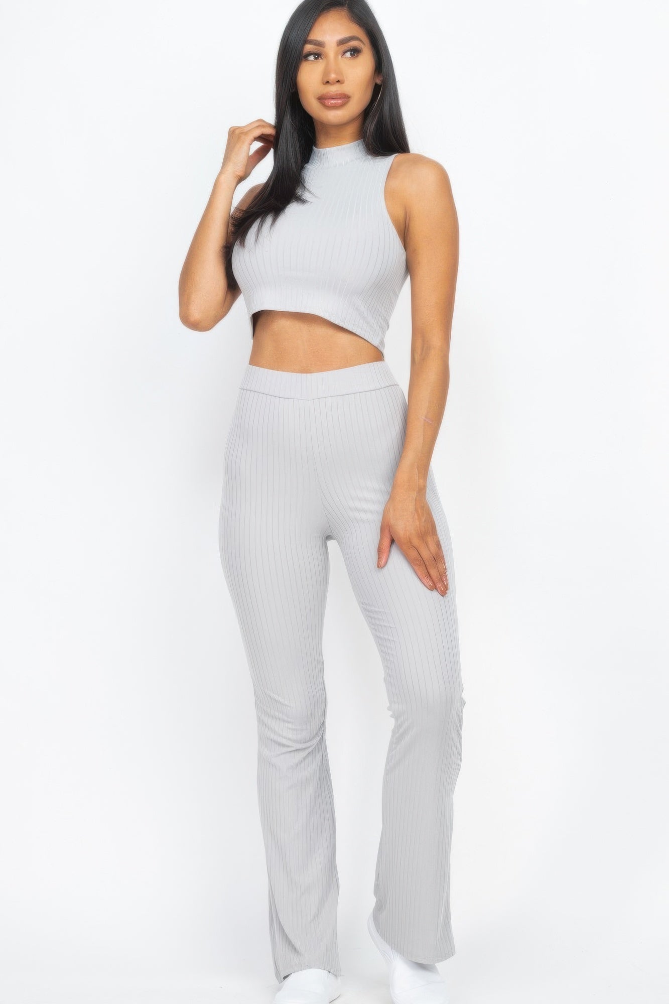 Ribbed Mock Neck Crop Tank Top & Bootcut Pants Set-[Adult]-[Female]-Grey-S-2022 Online Blue Zone Planet