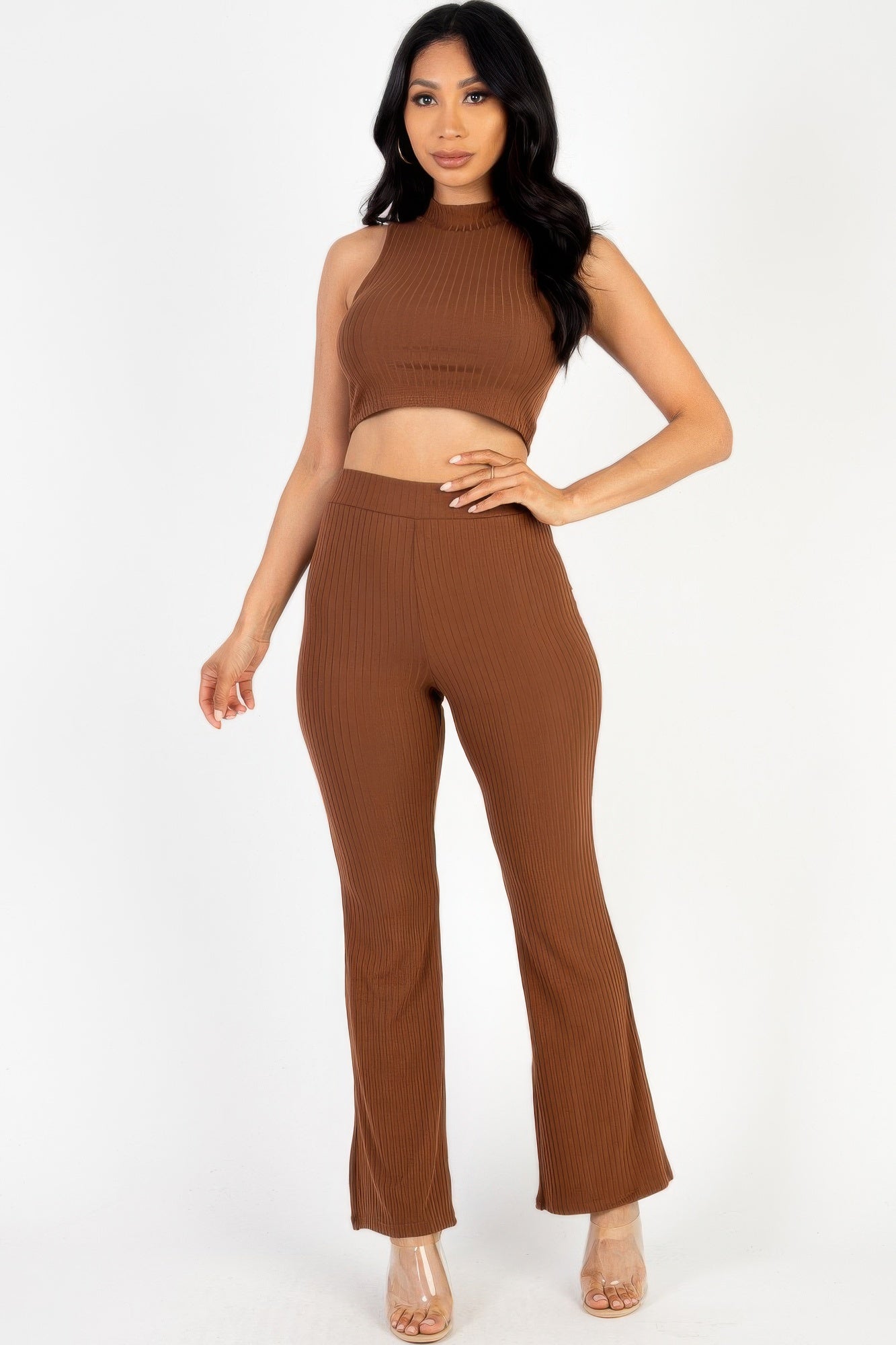 Ribbed Mock Neck Crop Tank Top & Bootcut Pants Set-[Adult]-[Female]-Downtown Brown-S-2022 Online Blue Zone Planet