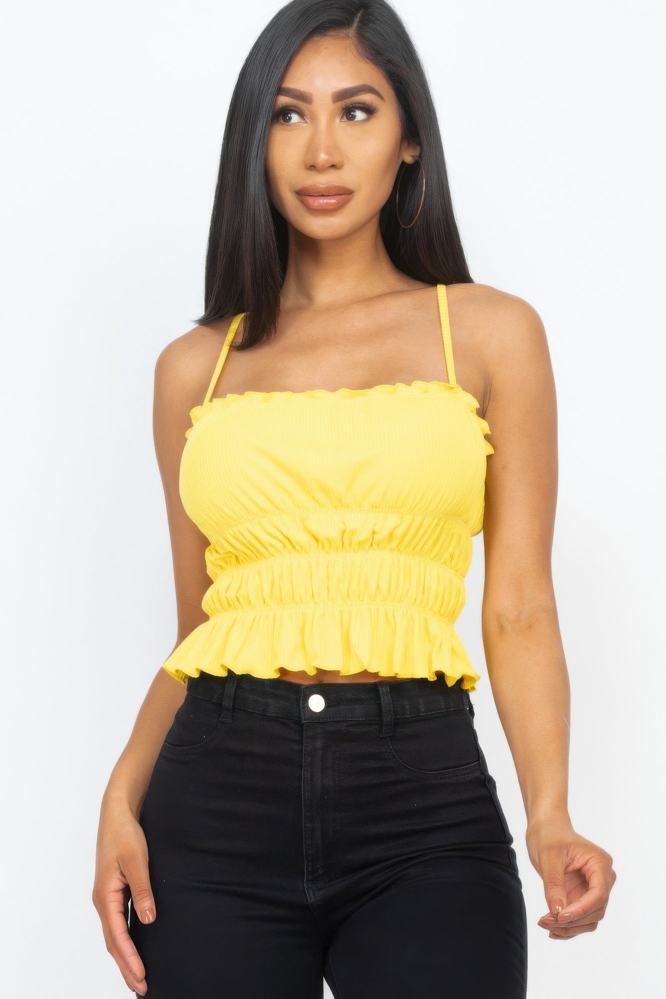 Tiered Shirred Body Crop Top-[Adult]-[Female]-Yellow-S-2022 Online Blue Zone Planet