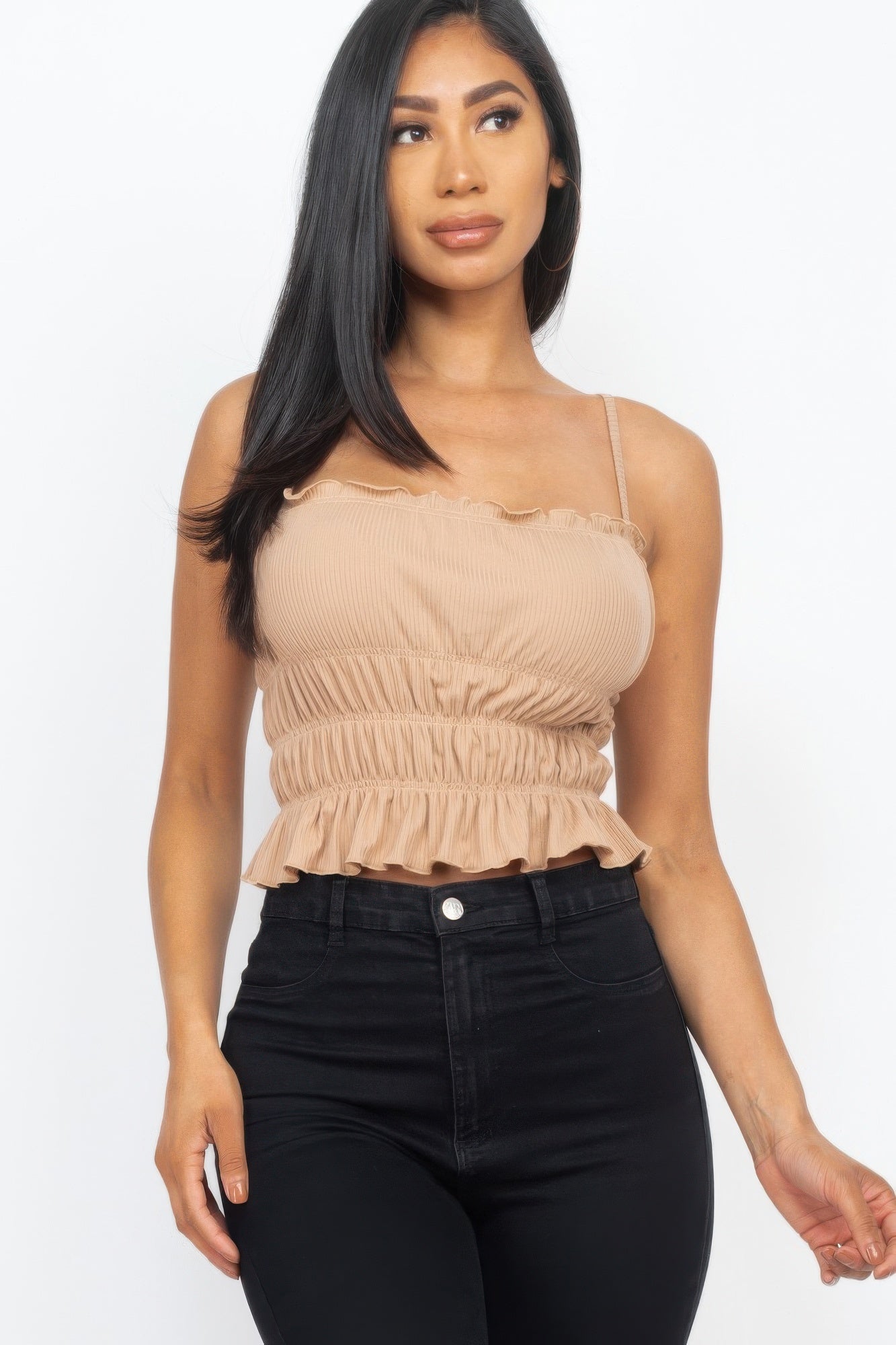 Tiered Shirred Body Crop Top-[Adult]-[Female]-Latte-S-2022 Online Blue Zone Planet