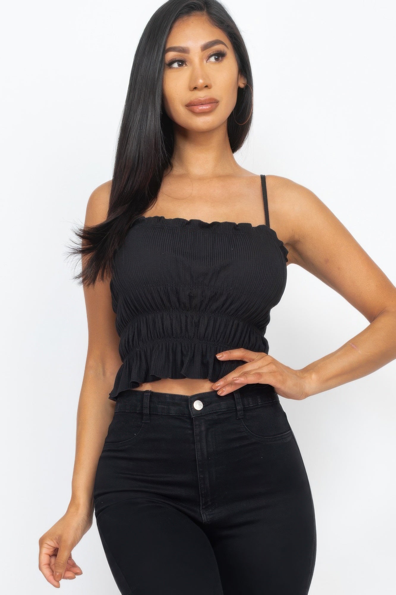 Tiered Shirred Body Crop Top-[Adult]-[Female]-Black-S-2022 Online Blue Zone Planet