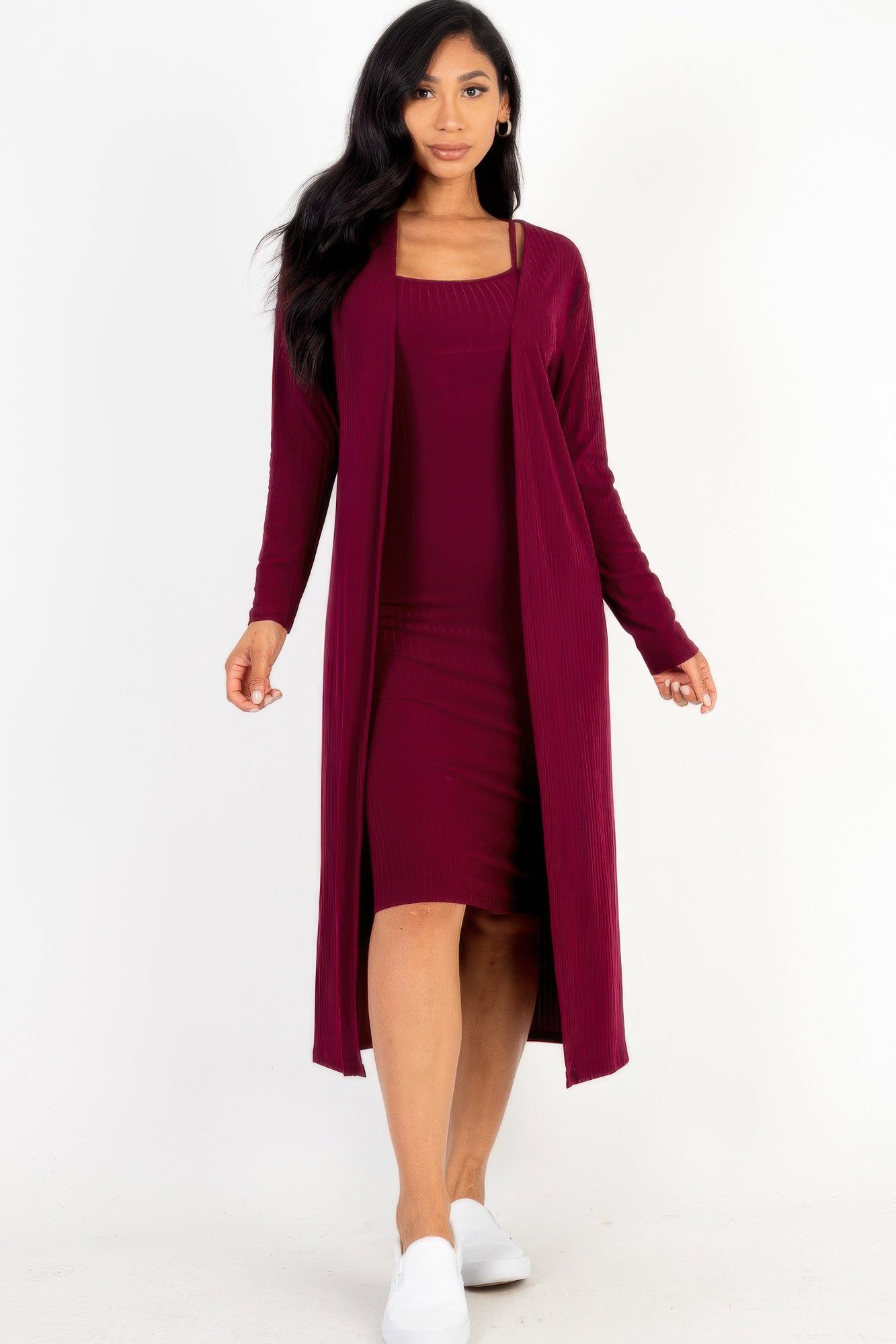 Ribbed Cardigan & Cami Midi Bodycon Dress, Burgundy / L Ribbed Cardigan & Cami Midi Bodycon Dress, Burgundy / L