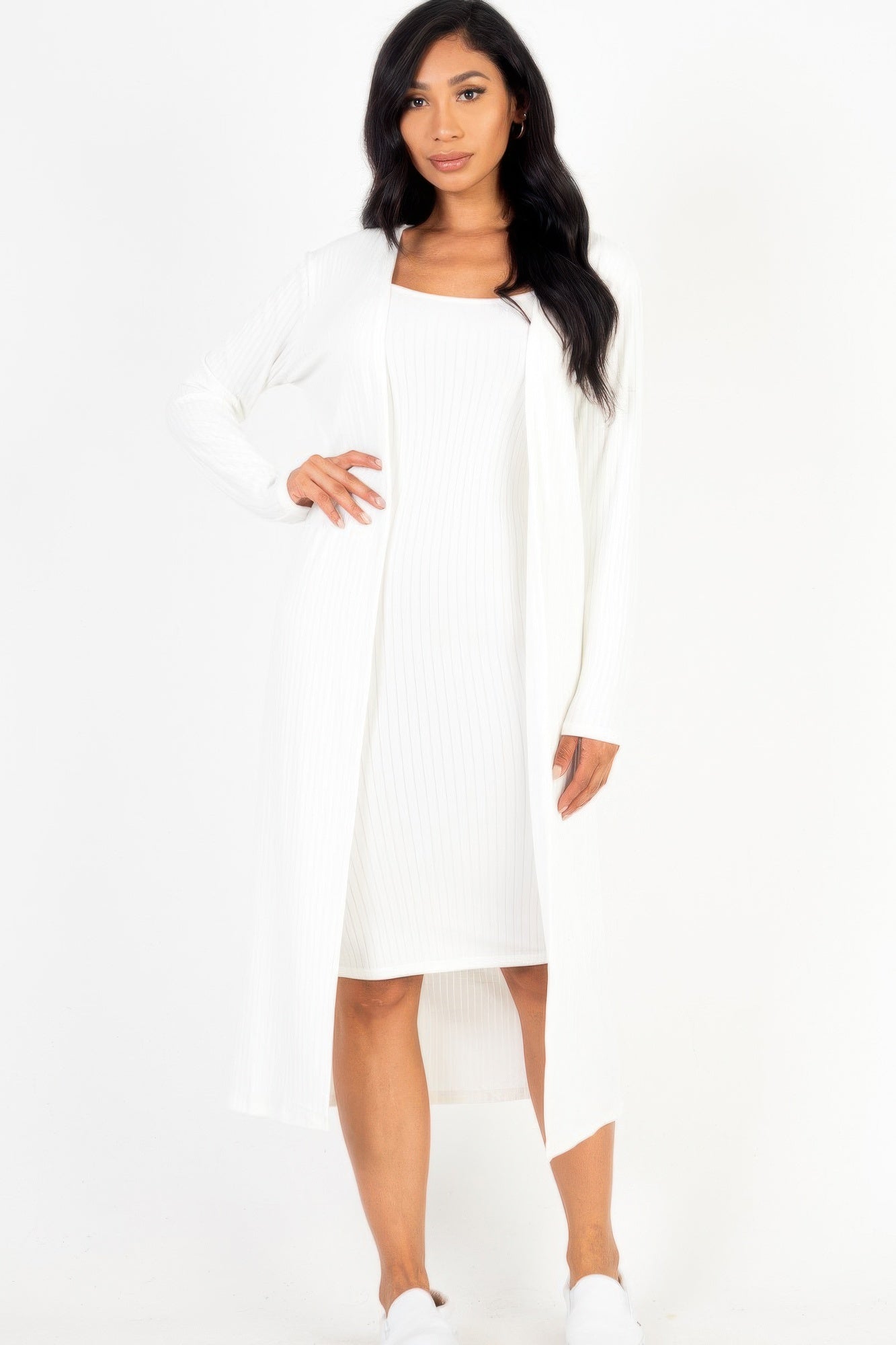 Ribbed Cardigan & Cami Midi Bodycon Dress, White / L Ribbed Cardigan & Cami Midi Bodycon Dress, White / L