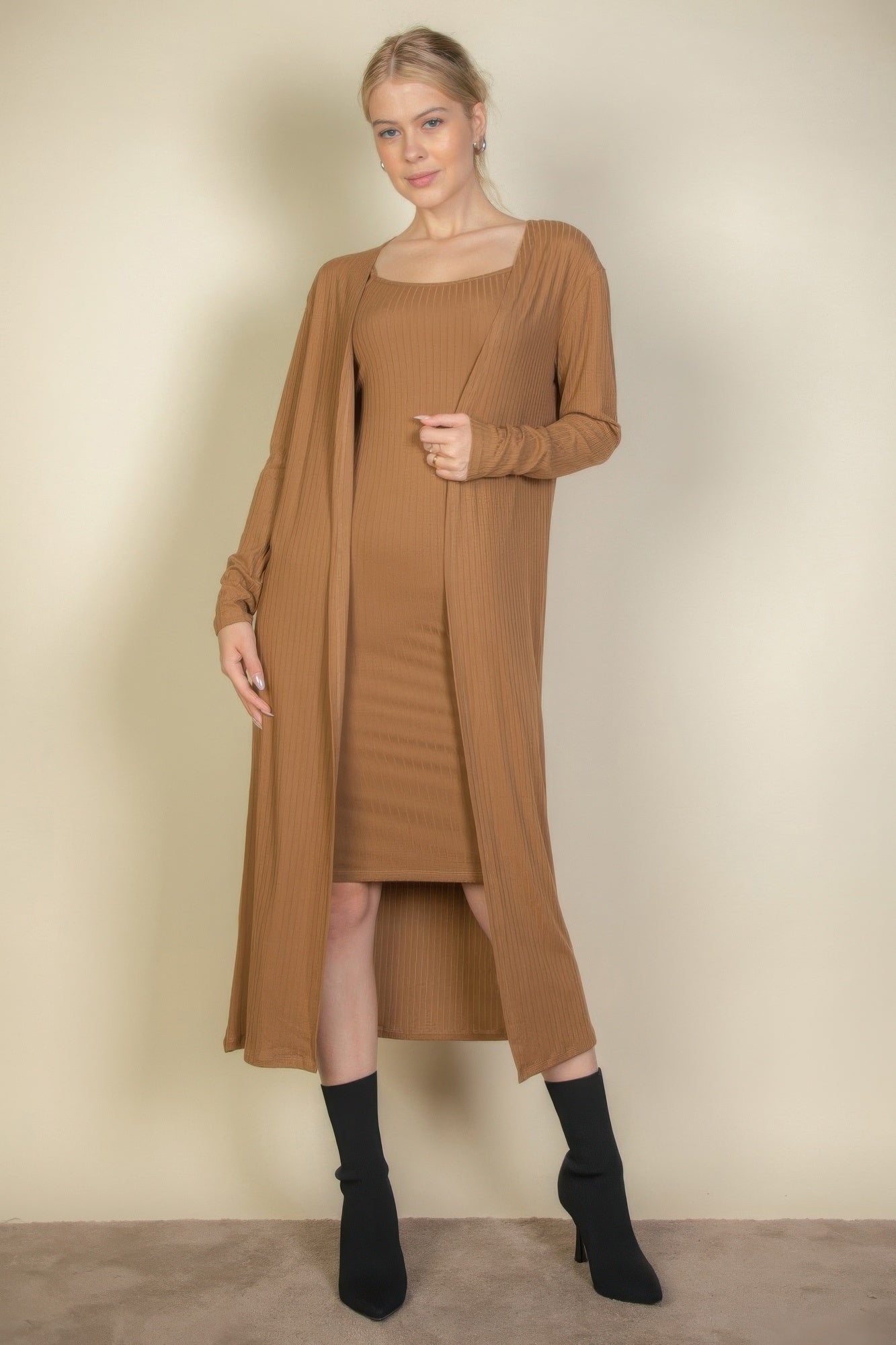 Ribbed Cardigan & Cami Midi Bodycon Dress-TOPS / DRESSES-[Adult]-[Female]-Mocha-S-2022 Online Blue Zone Planet