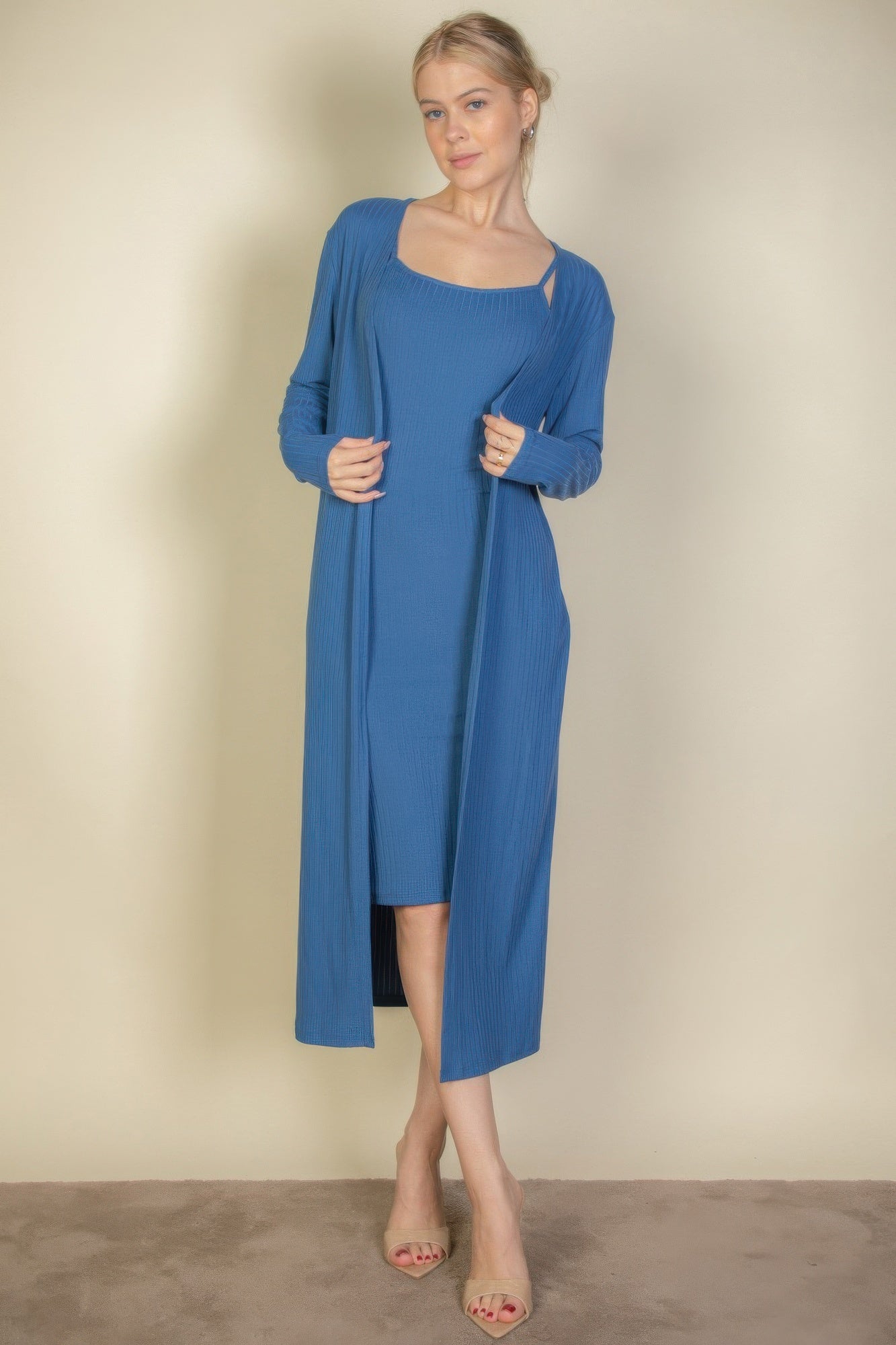 Ribbed Cardigan & Cami Midi Bodycon Dress-TOPS / DRESSES-[Adult]-[Female]-Blue Haze-S-2022 Online Blue Zone Planet