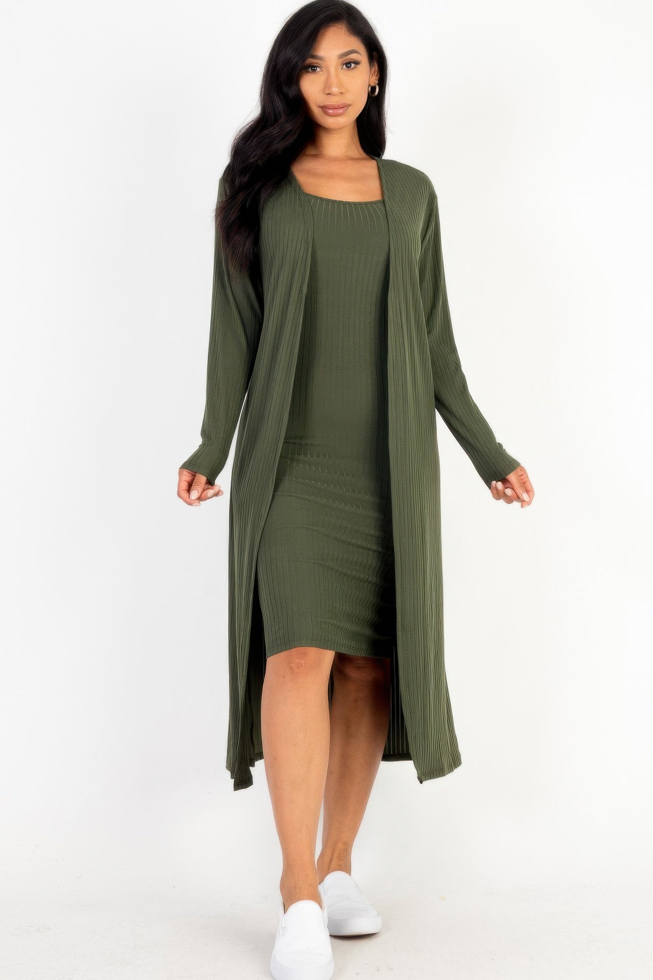 Ribbed Cardigan & Cami Midi Bodycon Dress-TOPS / DRESSES-[Adult]-[Female]-Olive-S-2022 Online Blue Zone Planet