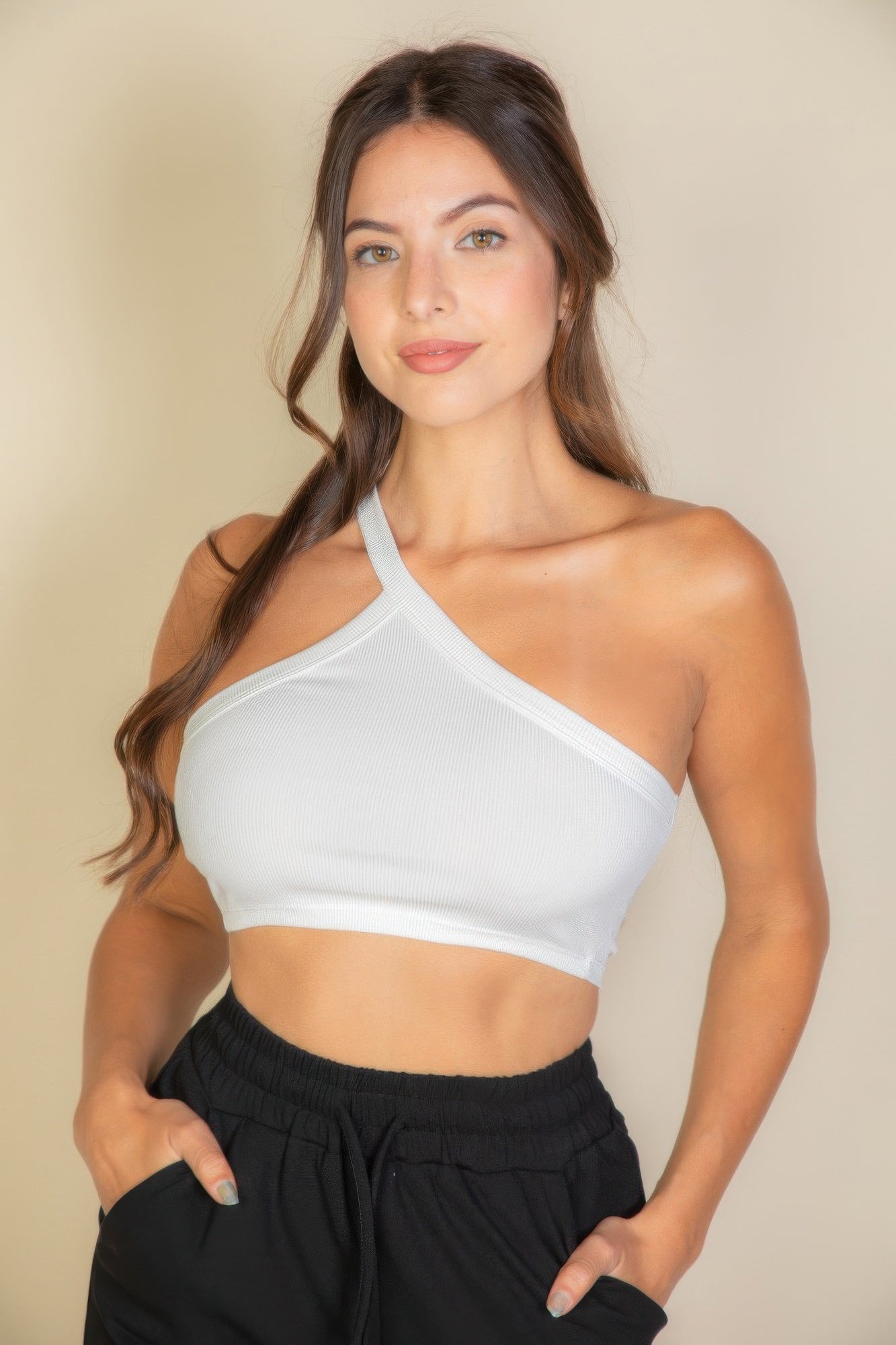 One Shoulder Ribbed Cropped Top-[Adult]-[Female]-2022 Online Blue Zone Planet