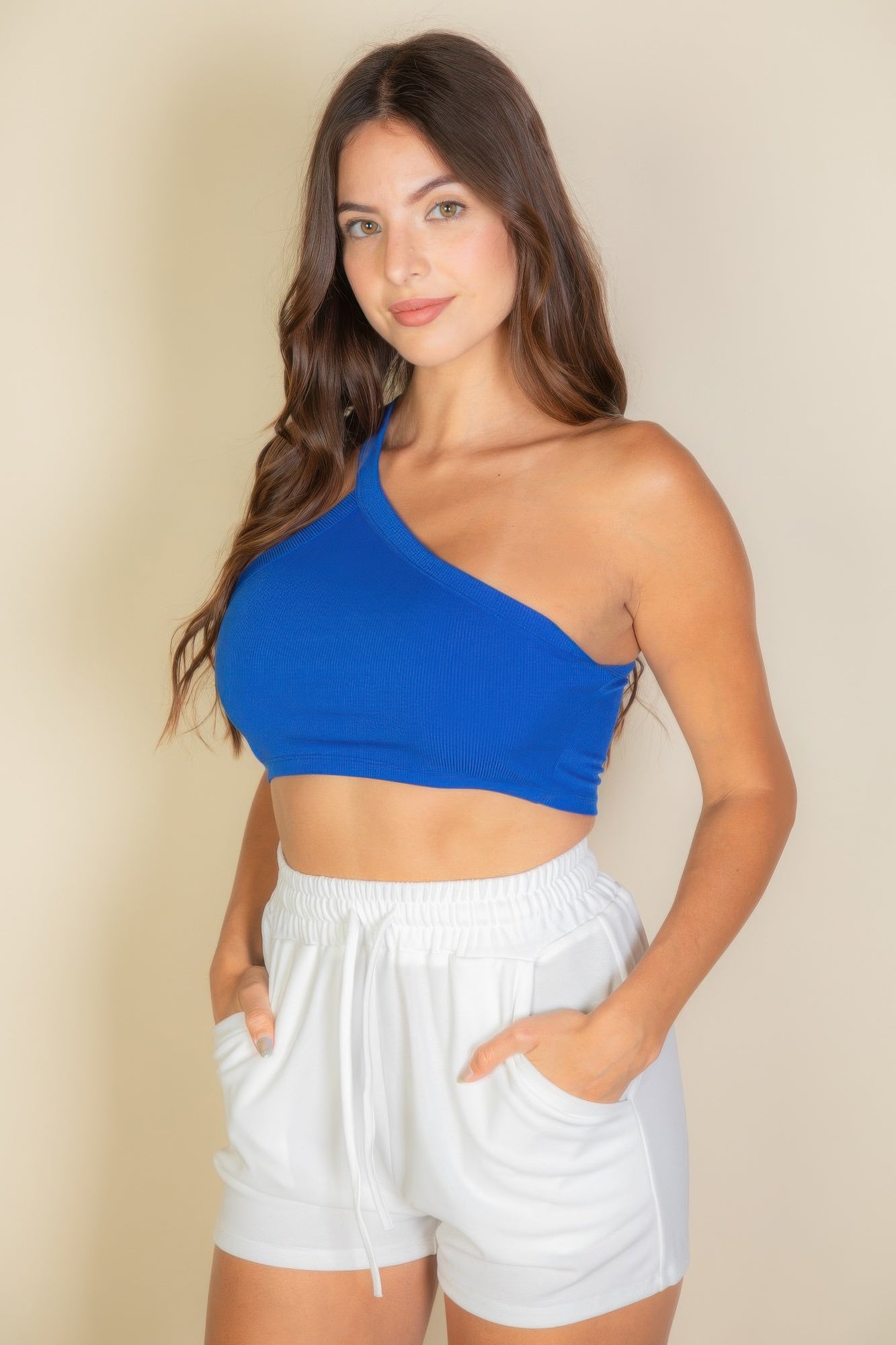 One Shoulder Ribbed Cropped Top-[Adult]-[Female]-2022 Online Blue Zone Planet