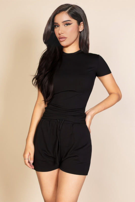 Ribbed Round Neck Short Sleeve Top-[Adult]-[Female]-Black-S-2022 Online Blue Zone Planet