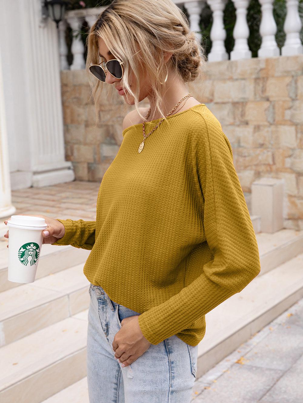 Waffle-Knit Boat Neck Long Sleeve Top BLUE ZONE PLANET