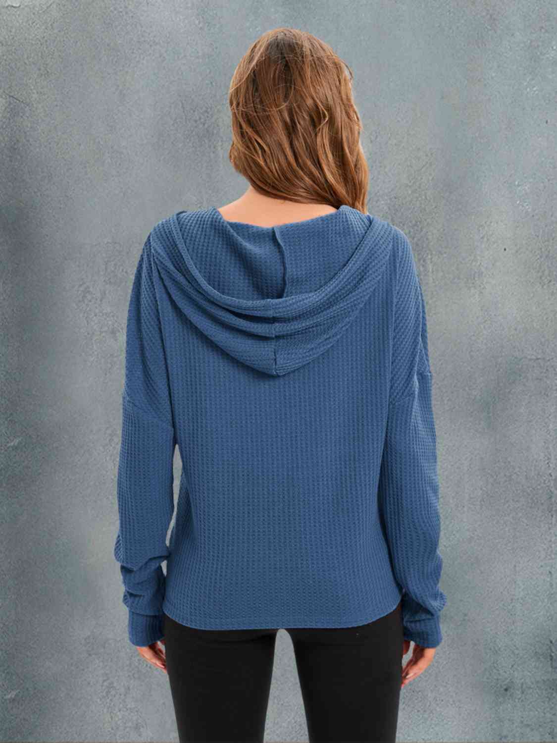 Waffle-Knit Drawstring Drop Shoulder Hoodie BLUE ZONE PLANET