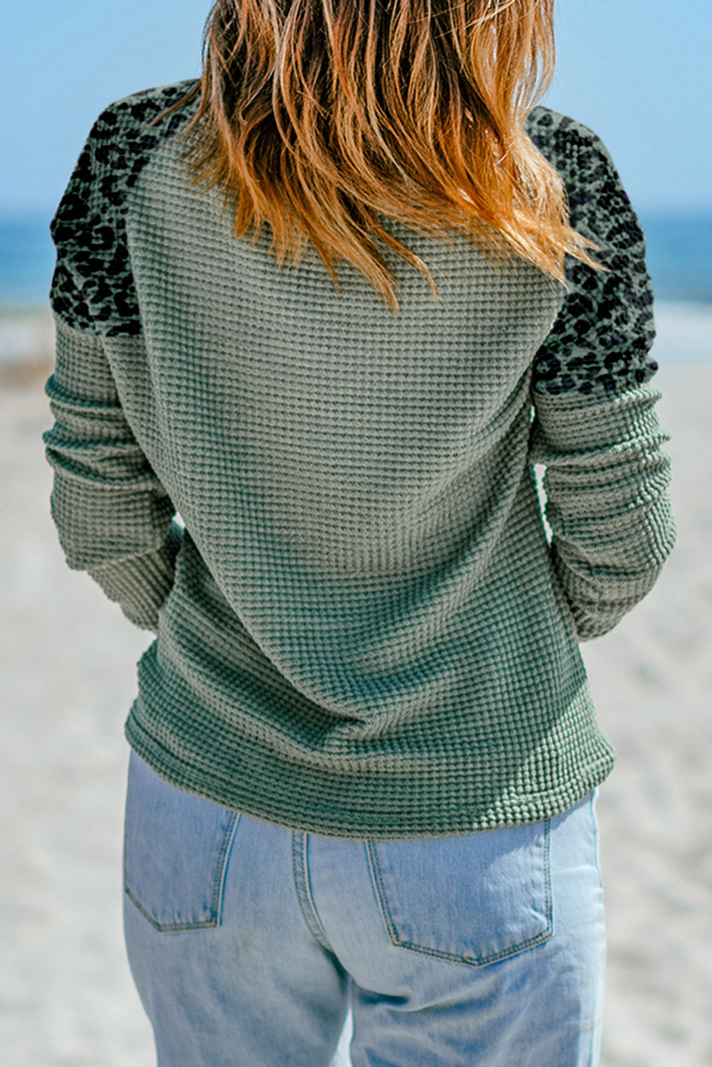 Waffle Knit Leopard Notched Neck Top BLUE ZONE PLANET