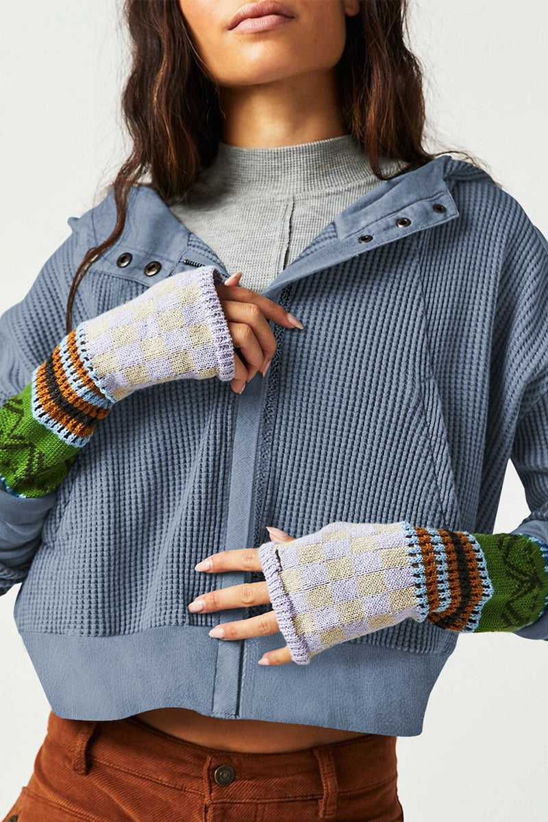 Waffle-Knit Long Sleeve Hooded Jacket BLUE ZONE PLANET