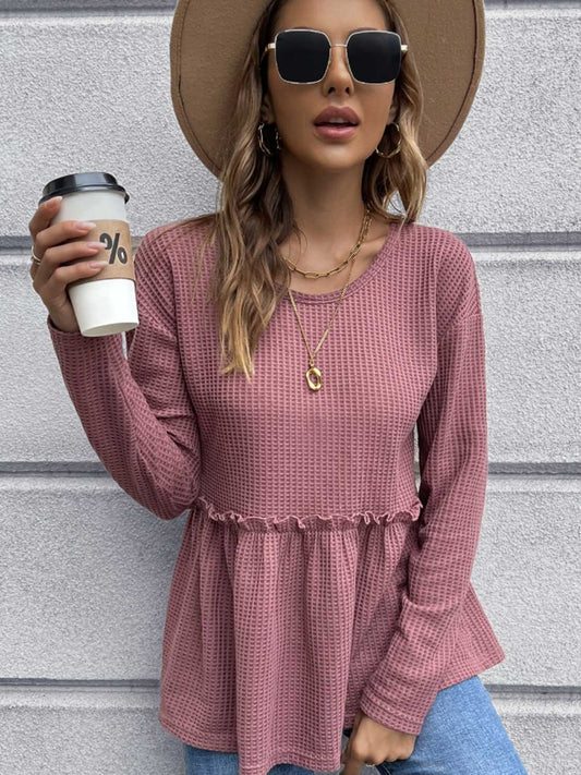 Waffle-Knit Long Sleeve Peplum Blouse-TOPS / DRESSES-[Adult]-[Female]-Dusty Pink-S-2022 Online Blue Zone Planet