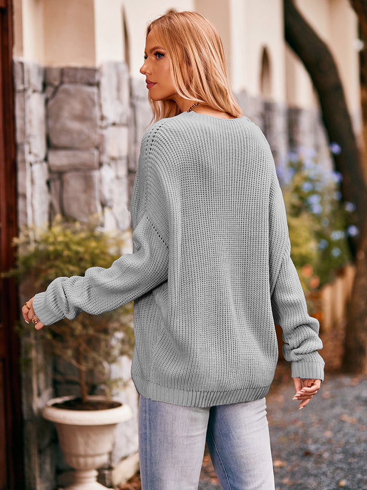 Waffle-Knit Long Sleeve Sweater BLUE ZONE PLANET